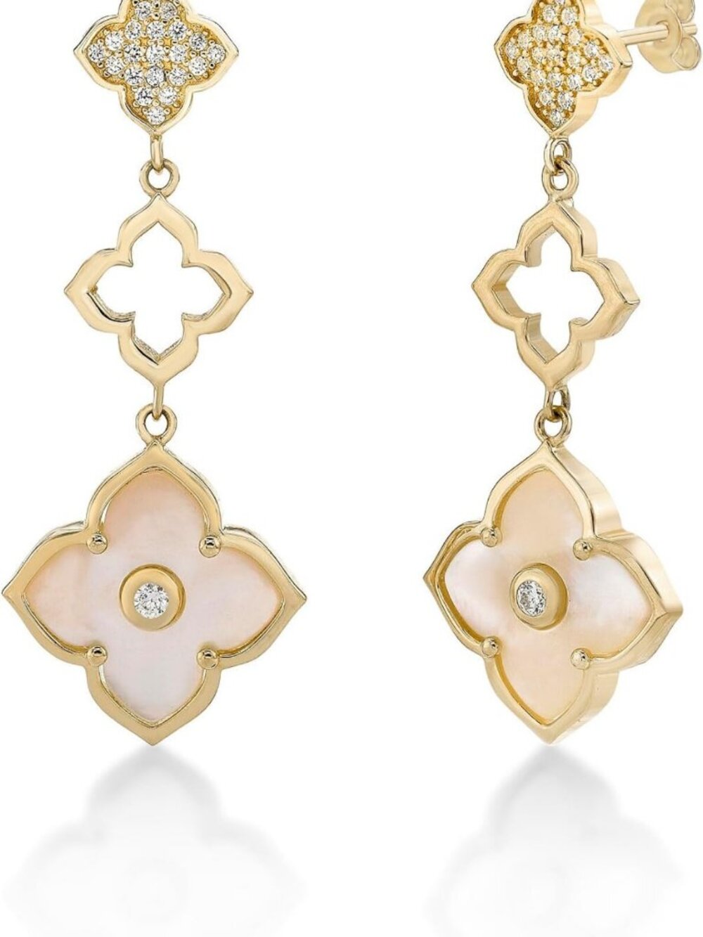 Elegant Flower Drop Dangle Earrings with Mother of Pearl, Onyx & Malachite